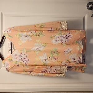 Peach Love Romantic Bell sleeve lined floral v neck woman's shift dress.